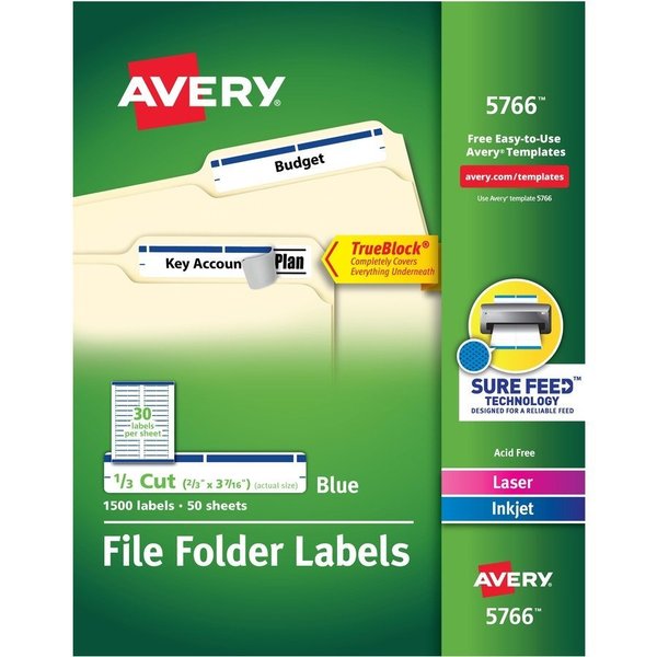 Avery File Folder Labels, TrueBlock, 1/3 Cut, 1500/BX, Blue PK AVE5766